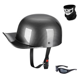 Woljay Vintage Open Face Motorcycle Helmet Retro Baseball Cap Half Helmets Men Women for Cruiser Street Scooter Moped Cap Jet with Mask Glasses - DOT Certified (Large, Gloss Carbon Fiber)