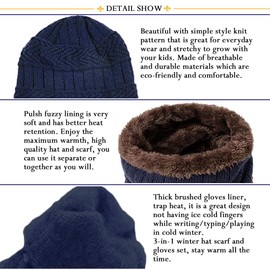 T WILKER 3Pcs Boys&Girls Winter Knit Hats Neck Warmer Scarf and Touch Screen Gloves Ski Beanie Cap Scarves and Gloves Set for Kids (Navy Blue)