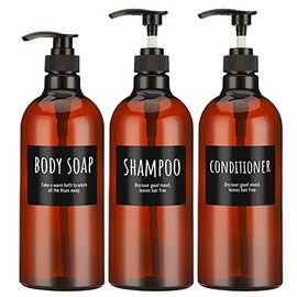Segbeauty 32oz Shampoo Bottle, Empty Shampoo and Conditioner Bottle with Pump, 3pcs 1Liter Shampoo Dispenser Bottle for Body Soap Conditioner, Labeled Brown Plastic Press Dispenser Refillable
