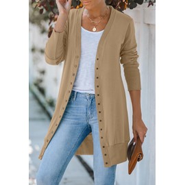 MEROKEETY Women's 2025 Fall Long Sleeve Snap Button Down Solid Color Knit Ribbed Neckline Cardigans, Khaki, L