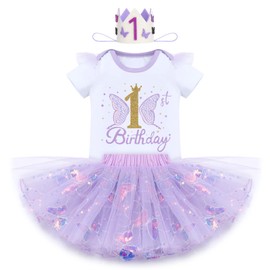 FYMNSI First Birthday Girl Outfit Flowers Cotton Short Sleeve Body Tutu Skirt Headband 3-Piece Clothing Set, Purple butterfly