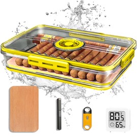 Tupperdor Cigar Humidor Cabinet with V-Cut Cigar Cutter, Humidifier and Hygrometer, Portable Spanish Cedar Desktop Storage Box (Yellow), 25-50 Cigars