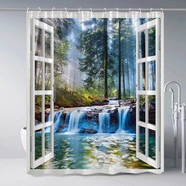 Forest Waterfall Shower Curtain Green Tree Tropical Rainforest River Stone Jungle Landscape Spring Nature Scenic Fabric Bathroom Decor Set with Hooks 70Wx70H Inch