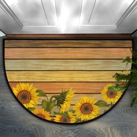 Apular Half Round Door Mat Vintage Wooden Sunflower Indoor Outdoor Entrance,for Outside Entry 30x18 in Wear Resistant Semi Circle Floor Mats Home Decoration Area Rugs for Kitchen