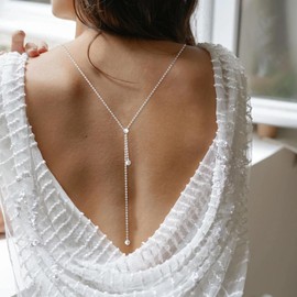 Pearls Back Chain Necklace Bridal Wedding Backdrop Necklace Body Jewelry for Women Backless Dress Body Jewerly (Silver)