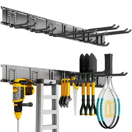 CRXCRC Garage Organization Tool Organizer Wall Mount, 48inch Heavy Duty Garden Tool Storage System, Easy Install With 7 Adjustable Hooks, For Home, Garage, Outdoor, Workshops (Black)