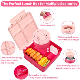 Bento Lunch Box for Kids with 8oz Soup Thermo,Kids Leakproof Lunch Food Containers with 4 Compartment,Kid Insulated Thermo Hot Food Jar for School,Trvael-Pink