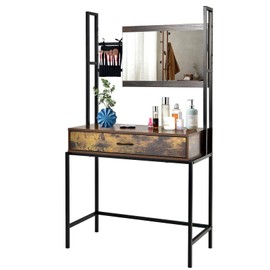 CHARMAID Rustic Vanity Table with 3-Height Adjustable Left or Right Mirror, Large Drawer, Cosmetic Brush Storage Bag Included, Sturdy Metal Frame, Industrial Style Makeup Dressing Table Writing Desk