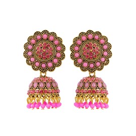 Crunchy Fashion Bollywood Jewelry Traditional Ethnic Bridal Bride Wedding Bridesmaid Indian Meenakalri Floral Pink Golden Earrings For Women