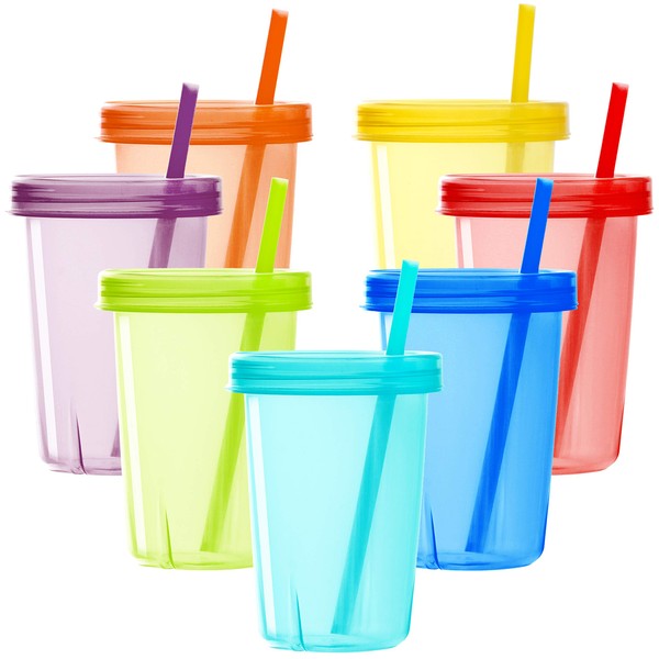 Youngever 7 Sets Plastic Kids Cups with Lids and Straws,