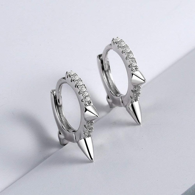 Punk Spikes Sterling Silver Stud Small CZ Hoop Earrings for