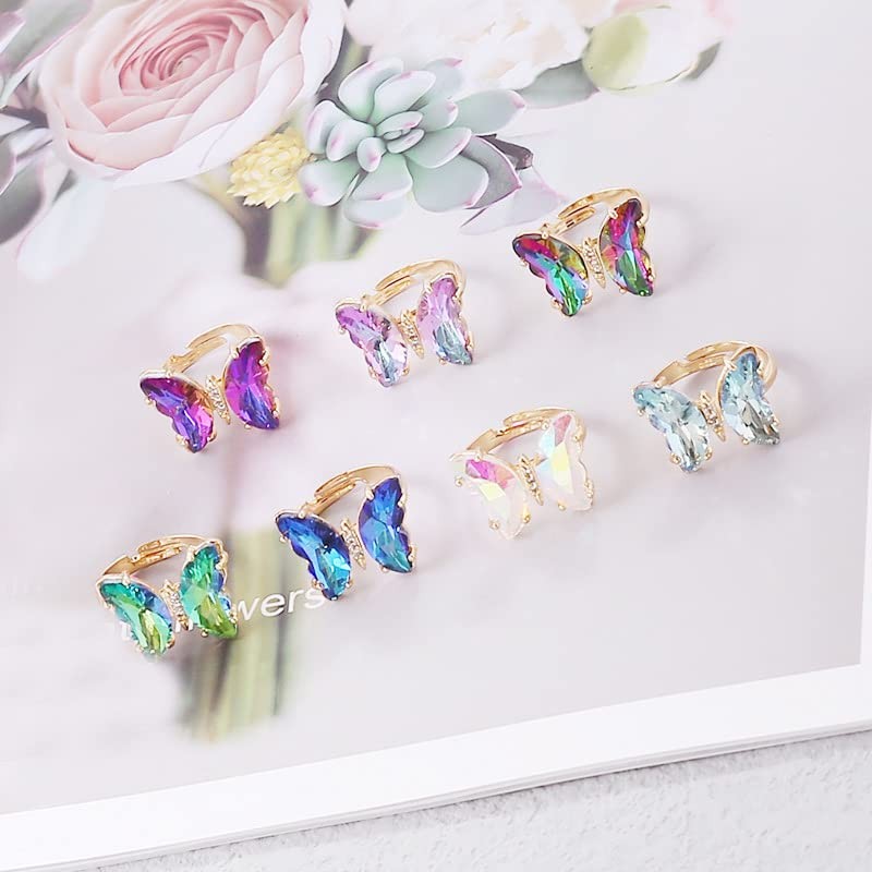 8 Pcs Gold Plated 3D Butterfly Rings Acrylic Adjustable Open