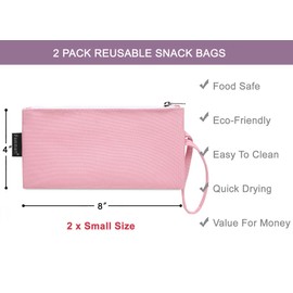 Reusable Sandwich Bag/Snack Bag for Kids & Adults, Dual Layer Lunch Bag with Handle, Washable, Food Safe, BPA Free (2-Pack, Pink)