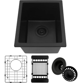 MONSINTA Black Bar Sink, 13" x 15" x 10" Undermount Kitchen Sink, 13 Inch Small and Deep Single Bowl Granite Composite Kitchen Sink with Accessories, 13 x 15 Matte Black Quartz Stone Bar Sinks