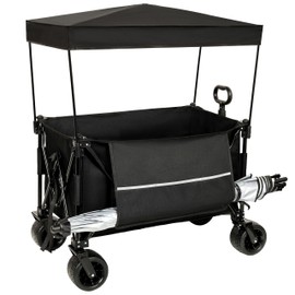 ZJMTOCYU Collapsible Folding Utility Wagon with Canopy, Heavy Duty Garden Cart with All-Terrain Wheels, 480 lbs Capacity, Side Pocket and Brakes, Black with Mosquito Net