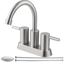 IKEBANA Brushed Nickel Bathroom Faucet, 2 Handle Bathroom Sink Faucets Centerset, 360° Swivel High-Arc Spout Modern 4 inch Bath Faucet Lead-Free for Vanity Lavatory with Pop-up Drain & Water Hoses