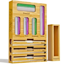 PrimeNex Bamboo Ziplock Storage Bag Organizer 9 IN 1, Foil and Plastic Wrap Organizer with Cutter for Kitchen Drawer, Food Bag Organizer for Gallon, Quart, Sandwich,Aluminum Foil & Wax Paper