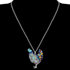 WEVENI Enamel Alloy Rhinestone Chicken Necklace Hen Rooster Pendant Chain Fashion Jewelry Novelty Gifts For Women Ladies (Blue)