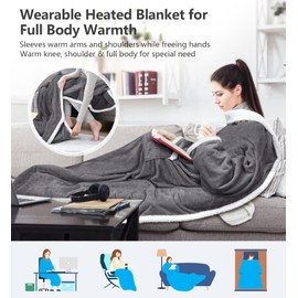 EAONE 59 * 70” Heated Throw Blankets Electric Snuggle with Foot Pocket, Wearable Heated Blanket with Sleeves for Women Men Adults, Super Soft Flannerl & Sherpa Blanket Warmer for Home Office