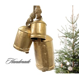 Set of 3 Giant Harmony Cow Bells Huge Vintage Handmade Rustic Lucky Christmas Hanging Bells on Rope Farmhouse Décor Holiday Ornaments Large Metal Bells for Rustic Christmas Decorations.