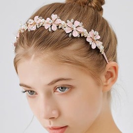 Vintage Wedding Flower Pearl Rhinestone Headband Floral Crystal Pearl Leaf Hair Crown Bridal Accessories for Women Party (Pink, One size)