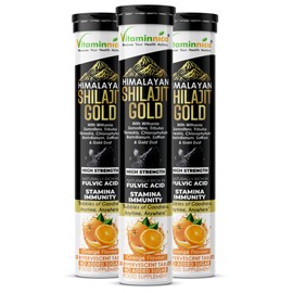 Vitaminnica Himalayan Shilajit Gold- 60 Effervescent Tablets Orange Flavour | Shilajit, Safed Musli, Ashwagandha & Gold Dust for Strength, Stamina & Vitality