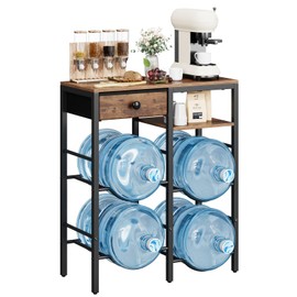 KITIVIALA 5 Gallon Water Jug Holder with 4 Slots, Heavy Duty Water Bottle Storage Rack, 2-Layer Wood Shelves and Fabric Drawer for Home, Kitchen, Office, Garage