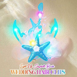 Latious Starfish Wedding Hair Clips Light Up Seashell Hair Barrettes Pearl Beach Hair Accessories for Women (Blue-Colorful Light)