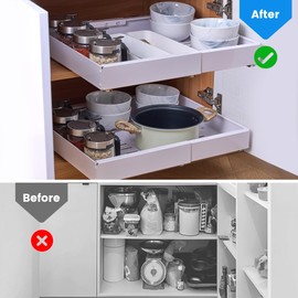 Pull Out Cabinet Organizer, Expandable Slide Out Drawers Kitchen Cabinets Heavy Duty Cabinet Organizer Pull Out Drawer, Self-Adhesive Under Sink Organizer Drawer (White, 21 inches deep)