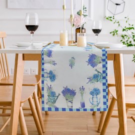 MULBESS Watercolor Buffalo Plaid Vases Bloom Lavender Hydrangeas Summer Table Runner, Seasonal Spring Holiday Kitchen Dining Table Decoration for Home Party Decor 13x72 Inch