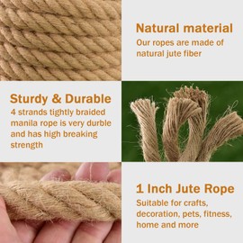 Ganggend Jute Rope (1 in X 100 ft), 25mm Thick Twisted Manila Ropes, Natural Heavy Duty Hemp Rope for Swing Bed, Crafts, Railing, Tug of War, Landscaping, Gardening, Bundling, Hammock, Home Decorating