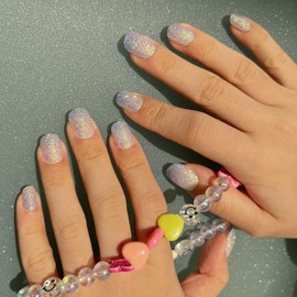 MISUD Press on Nails for Kids Pre-glue Children Fake Nails Gradient Blue Glue on Girls Nails Short Acrylic Nails Bling Glitter Stick on False Nails for Preppy Girl Gift 6-12 year 24 pcs