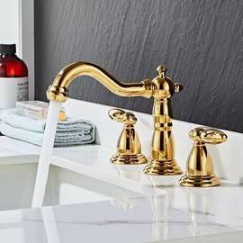 UDWTMTPRT Basin Faucet Brass Rose Gold Widespread Bathroom Faucet Antique Sink Faucets 3 Hole Hot and Cold Gold Water Faucet Tap(Gold)