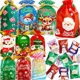 50pcs Christmas Drawstring Gift Wrap Bags Set Drawstring Christmas Wrapping Bags Xmas Gift Wrap Bag Small Medium Assorted 10 Designs 3 Sizes & About 50pcs Heat Sealable Christmas Bags