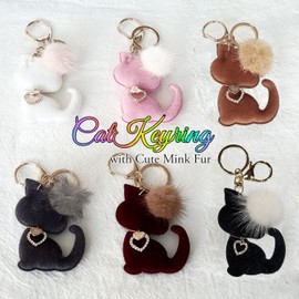 byDream Cute Mink Fur Charm Cat Key Chain Jalako Style Cat Fluffy Bag Charm Autumn Winter Axaserie Christmas Present Animal Animal Charm Stylish Gift, Black