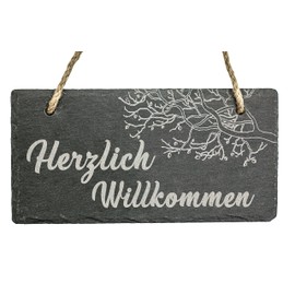 Spruchreif Slate Board with Engraving "Herzlich Willkommen" | Slate Door Sign with Cord for Hanging | Perfect Welcome Sign