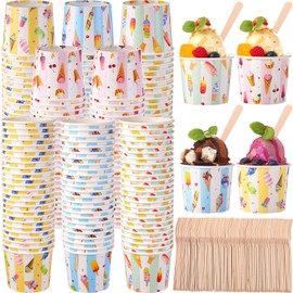Ninehaoou 200 Sets Ice Cream Cups Bulk 6 oz Disposable Dessert Bowls for Dessert with Mini Wooden Spoons Paper Colorful Disposable Sundae Cups Containers Party Supplies for Ice Cream Party