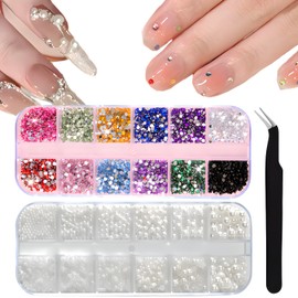 24 Grid Colorful Nail Charms for Nail Art Gems Kits Colorful Rhinestones and Half Round Pearl Nail Art Charms 3D Flat Back Nail Charms for Decorations Manicure Supplies Accessories DIY Craft