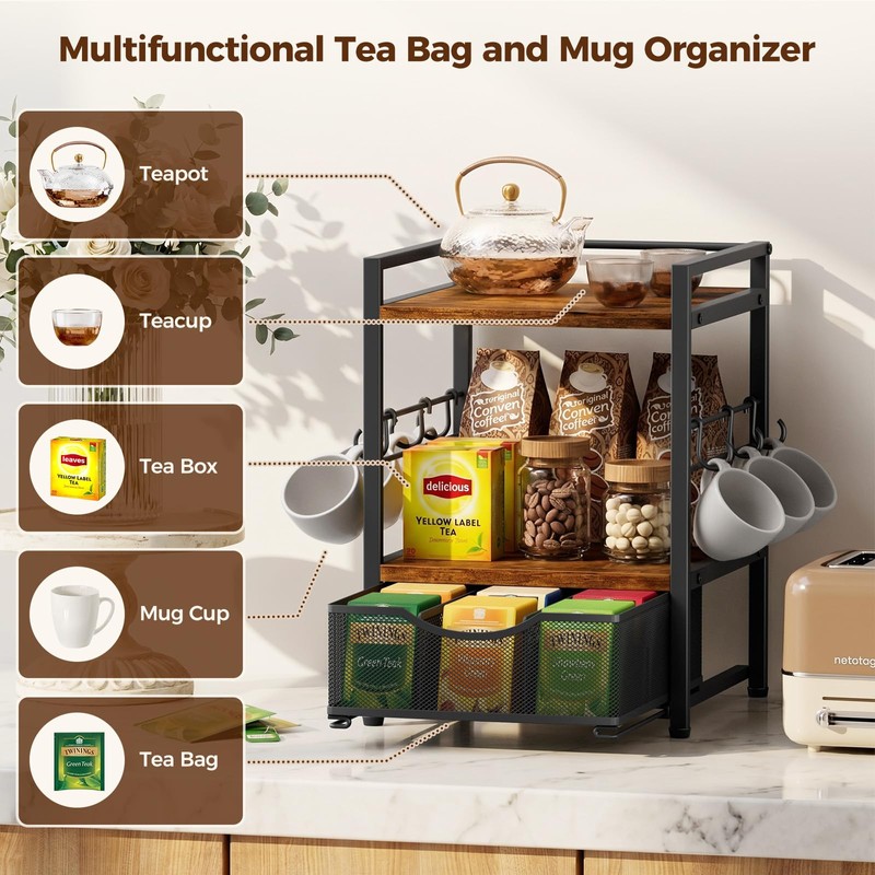 Plaviya 3-Tier Tea Bag Organizer with Drawer for Countertop