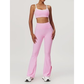 OMEWEE Yoga sets for women 2 piece Fashion contrasting lines Sports Bra and High Wasit Split hem Flared Leggings Pink XL