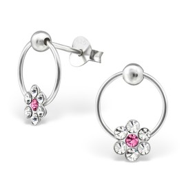 Flower Hoop Dangling Earrings with Crystal Stones - 925 Sterling Silver