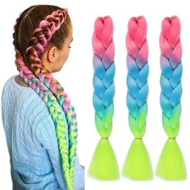 Pink and Green Pre stretched Braiding Hair Colorful Hair Extensions 24in Rainbow Braiding Hair Extensions for Kids #Rouge pink-Sky blue-Light green