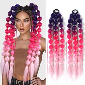 2PCS Colorful Synthetic Bubble Ponytail Extensions,24inches Lightweight Braided Hair Extensions, Festival Rave Accessories for Girls Crazy Hair Day (Ombre Dark Purple to Dark Pink to Light Pink)