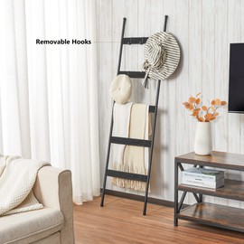 ELYKEN Blanket Ladder for Living Room, Farmhouse 5 -Tier Quilt Holder with 4 Removable Hooks for Bathroom, Wood Towel Rack Display, Wall Anchor Leaning Decorative Stand for Home Decor, Black