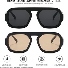 MUNSADE Trendy Square Aviator Sunglasses for Women Flat Top Designer Stylish Frame Sun Glasses Vintage Shades ((2 Pack) Black/Grey+Black/Light Brown)