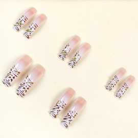 Long Press on Nails Curved Nail Tips False Nails French Tip Fake Nails with Leopard Designs Stick on Nails with Charm Glue on Nails Cute Glossy Artificial Nails for Women 20pcs