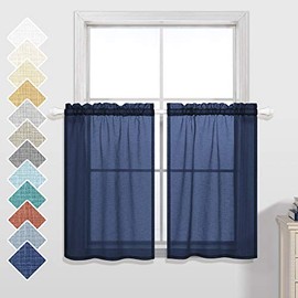 Navy Blue Short Curtains 36 Inch Length for Kitchen Rod Pocket Semi Sheer Cafe Tier Small Short Curtains for Bedroom Bathroom Window