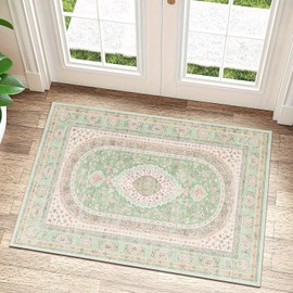 Castage Small Rugs 2x3,Green Rug for Entryway Bathroom Bedroom Kitchen Entrance Doormat,Boho Vintage Bohemian Distressed Washable Oriental Accent Floor Throw Carpet Non Slip,Sage Blush Floral