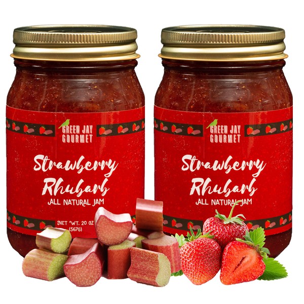 Green Jay Gourmet Strawberry Rhubarb Jam - All-Natural Fruit Jam with Strawberries, Rhubarb & Lemon Juice - Vegan, Gluten-free Strawberry Jam - Contains No Preservatives - Made in USA - 2 x 20 Ounces