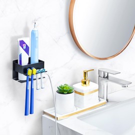 Toothbrush Head Holder, Black Electric Toothbrush Holders Wall Mounted, Stainless Steel Electric Brush Head Holder, Adhesive Tooth Brushing Holder, Toothpaste Holder for Bathroom Shower